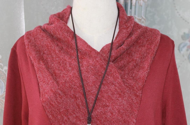 pockets dress longsleeve dress Soft comfortable dress Wine red Cotton dress