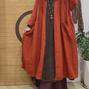 Linen Thin Maxi Coat Women&#39;s Spring Autumn Lace-Up Windbreaker with Pockets