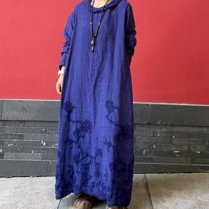 Women Linen Maxi Dress/ Spring Hooded Dresses/ vintage Dress with Pockets blue purple