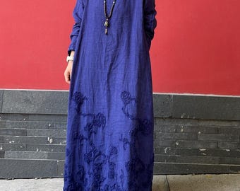 Sukienka maxi z lnu dla kobiet/sukienka wiosenna z kapturem/sukienka vintage z kieszeniami