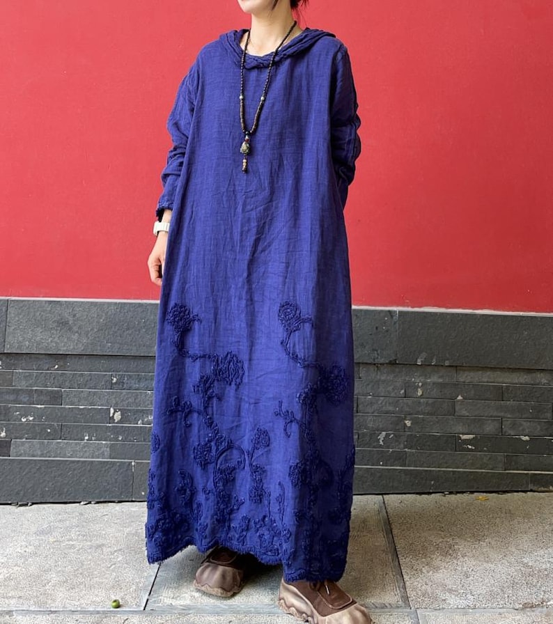 Women Linen Maxi Dress/ Spring Hooded Dresses/ vintage Dress with Pockets blue purple