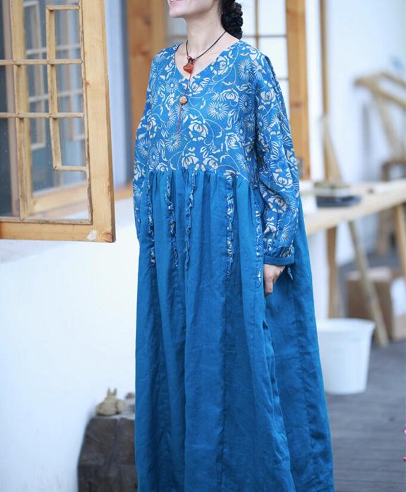 Women blue maxi dress, Linen long dress, loose Dress with Pockets, Prom Dress, Cocktail Dress, Linen Dresses for women, party dress image 5
