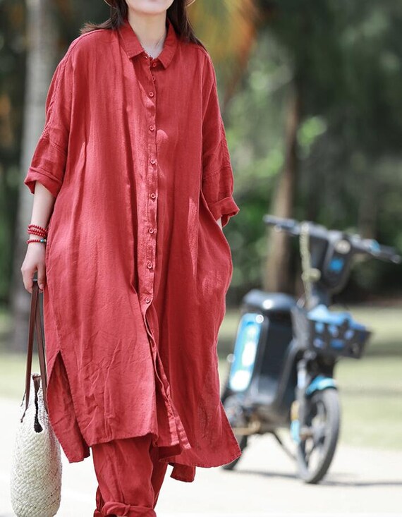 Red linen shirt dress Clearance