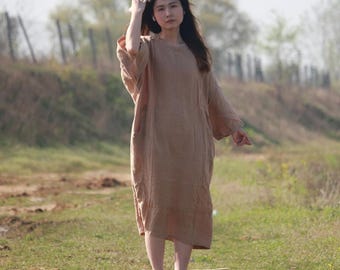 Women Midi dress, Linen Summer Loose Kaftan, casual dress with pockets, Women's minimalist Dresses
