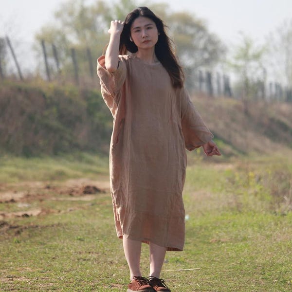 Women Midi dress, Linen Summer Loose Kaftan, casual dress with pockets, Women's minimalist Dresses