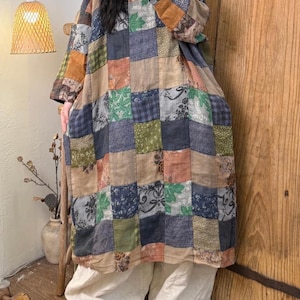 Women Dress autumn Loose Linen Patchwork Dress with Pockets