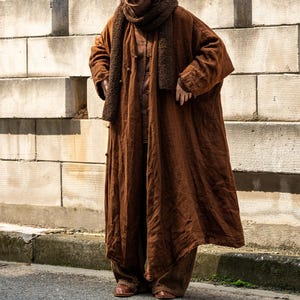 Women Long Brown Linen Coat/ Autumn Vintage Style Windbreaker