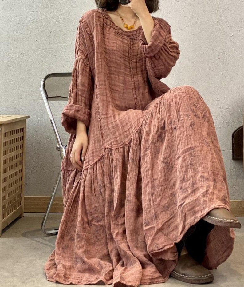 Women linen Maxi Dresses, Long Linen Dress, retro robe, Women's oversized Dresses, Prom dresses, autumn long sleeve dress image 4