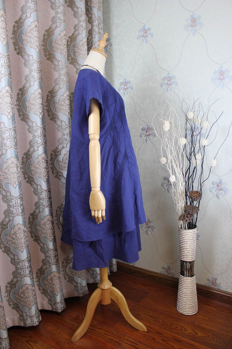 Summer dress, Loose Fitting dress, Khaki midi Dress, blue linen dress, Layered Linen Dress image 5