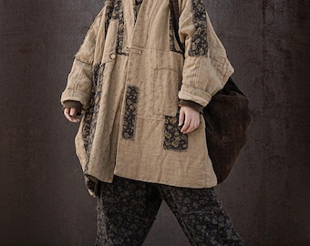 Women's Winter Outerwear, Linen Oversized Patchwork Coat, Coats for Women, Retro Casual Jacket