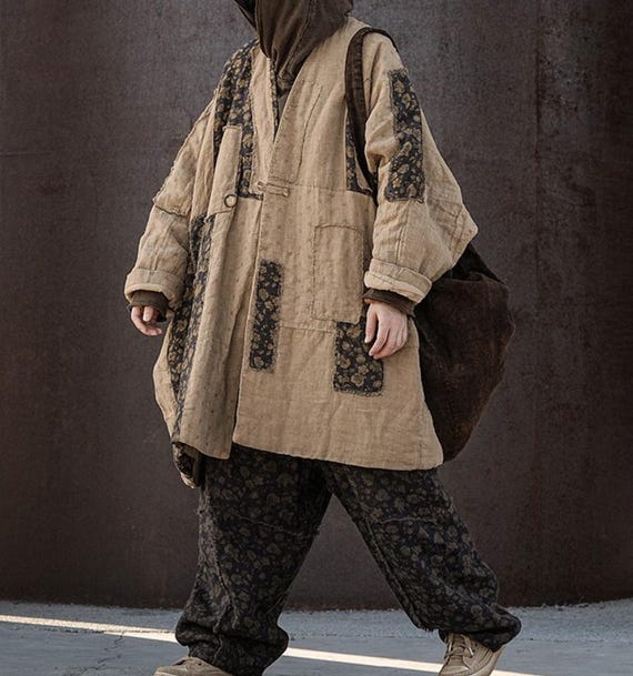 Women's Winter Outerwear, Linen Oversized Patchwork Coat, Coats for Women, Retro Casual Jacket