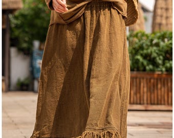 Women Linen Long Skirts, Casual Elastic Waist Skirt, Autumn skirts for Women's