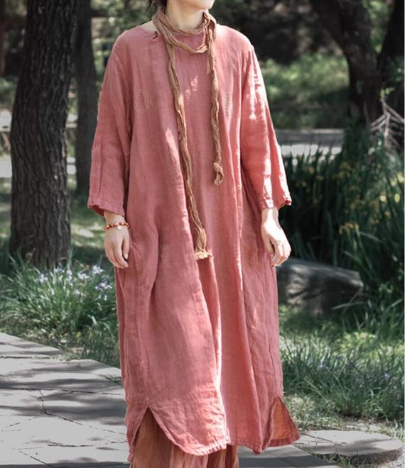 Women Loose Linen Long Dress, Retro Dress with Pockets, Summer Dresses, Women's Kaftan