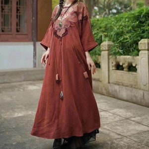 Women Linen Long Dress Dark Brick Red dress Loose Fit Robe with Pockets