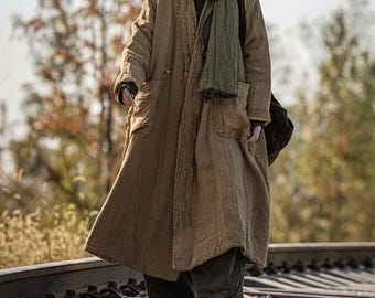 Women Linen Padded Long Coat, Oversize Winter Outerwear, Warm Maxi Coat