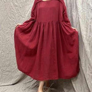 Linen dress for women, summer dress women, womens vintage linen dress, long linen dresses, loose linen dress, dresses with pockets Red