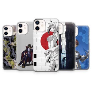 May include: A collection of five phone cases featuring anime-style character designs. The cases display various illustrations, including a figure in a white outfit with a red circle, and other characters in different poses and settings. The cases are designed for a smartphone.
