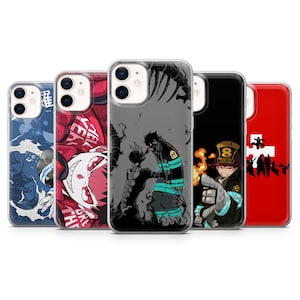 May include: A collection of five phone cases with anime-style graphics. The cases feature various designs, including characters in action poses, and bold color schemes. The cases are designed to fit a specific phone model.