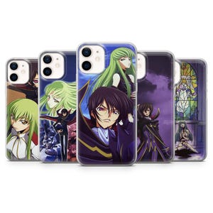 May include: A collection of five phone cases featuring anime-style illustrations. Each case showcases a different character design with vibrant colors, including shades of green, purple, and black. The cases are designed to fit a smartphone.