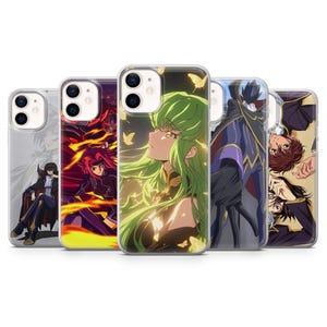 May include: Five clear phone cases with anime character illustrations. The cases display diverse characters with vivid colours and intricate artwork. The designs feature characters with green hair, red hair, and dark attire.