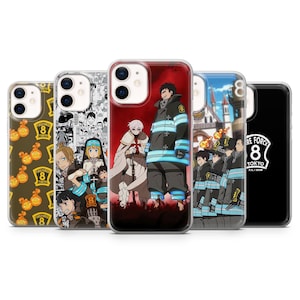 May include: A collection of phone cases featuring various designs. The cases showcase anime-style illustrations of characters in vibrant colors. Some cases have repeating patterns, while others display character art and the text "FIRE FORCE 8 TOKYO".