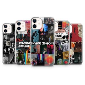 Op de afbeelding: Vijf telefoonhoesjes met verschillende ontwerpen. Elke hoes toont een collage van afbeeldingen, waaronder bandleden, albumhoezen en de bandnaam "Imagine Dragons". De hoesjes hebben een heldere, glanzende afwerking.