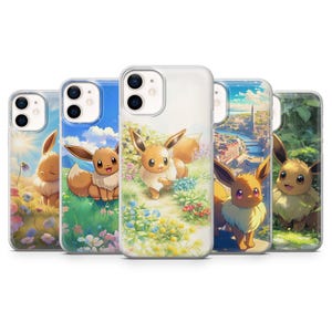 May include: Five phone cases showcasing the Pokémon character Eevee. Each case has a unique background, such as flower fields, a cityscape, and verdant foliage. Eevee is illustrated in different poses across the cases, offering a variety of designs.