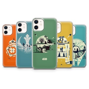 Puede incluir: Cinco fundas de teléfono coloridas con diseños de Star Wars. Las fundas muestran personajes y escenas icónicas, como BB-8, la Estrella de la Muerte y el Halcón Milenario. Cada funda tiene un color diferente, incluyendo naranja, azul, verde, amarillo y turquesa.