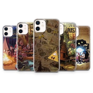 Könnte beinhalten: Fünf transparente Handyhüllen mit farbenfrohen Illustrationen aus der Zeichentrickserie Gravity Falls. Die Designs umfassen Charaktere, Szenen und den Text "Mystery Shack" und "Sell your soul". Die Hüllen bestehen aus transparentem Material.