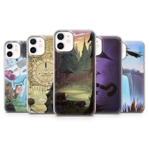 May include: A set of five clear phone cases, each featuring a different design. The designs include a forest scene, a compass, a waterfall, and cartoon characters. The cases are made of clear plastic and are designed to fit a smartphone.