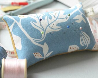 Handmade Pincushion Blue and Yellow Floral Leaf Print // Sewing accessories // Sewing room // Pin cushion