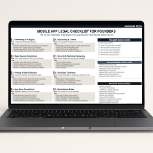 May include: A laptop screen showing a legal checklist for mobile app founders. The checklist covers topics including ownership, privacy, and monetization. The screen also features a "FOUNDER QUICK CHECK" section.