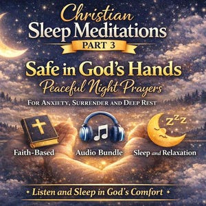 May include: Digital artwork promoting Christian Sleep Meditations, Part 3. The image features a crescent moon, a Bible, headphones, and a sleeping moon, all set against a starry night sky. Text includes "Safe in God's Hands" and "Peaceful Night Prayers."