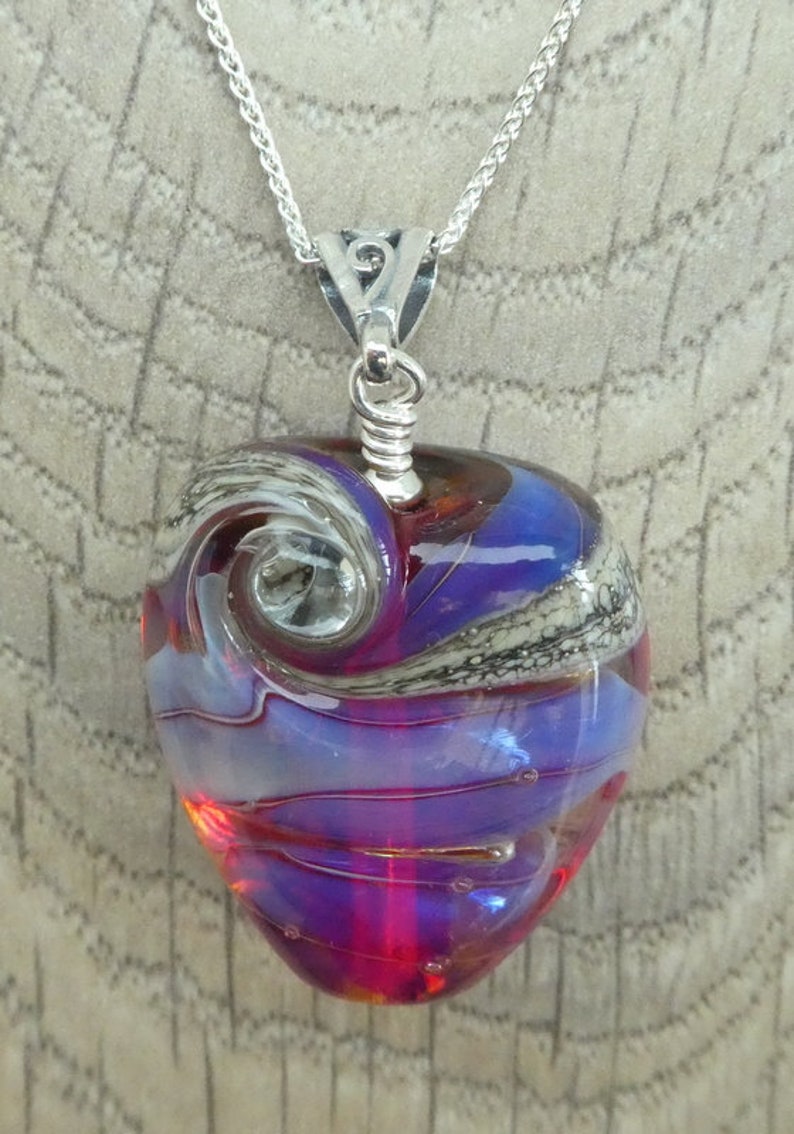 Pink and blue handcrafted organic lampwork glass bead necklace on a sterling silver chain. image 4