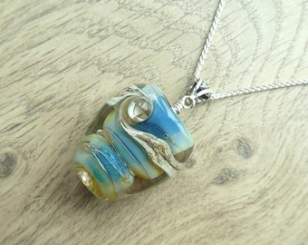 Pale blue/green handcrafted organic lampwork glass bead necklace on a sterling silver chain.