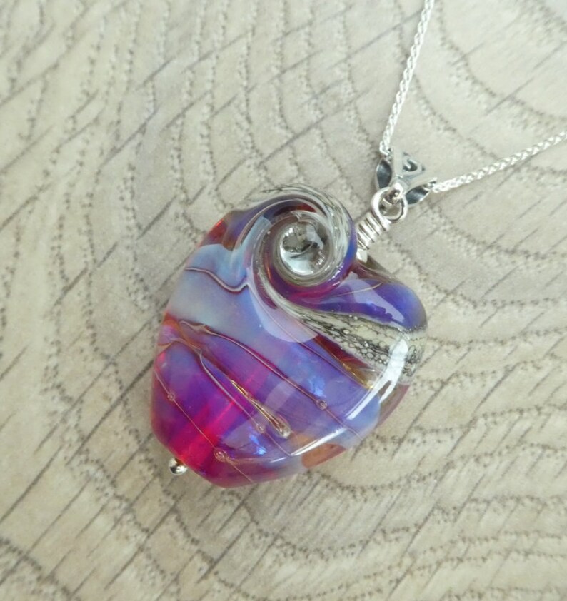 Pink and blue handcrafted organic lampwork glass bead necklace on a sterling silver chain. image 3