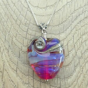 Pink and blue handcrafted organic lampwork glass bead necklace on a sterling silver chain. image 2