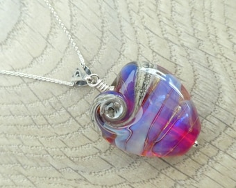 Pink and blue handcrafted organic lampwork glass bead necklace on a sterling silver chain.