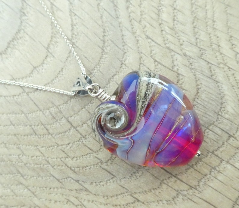 Pink and blue handcrafted organic lampwork glass bead necklace on a sterling silver chain. image 1