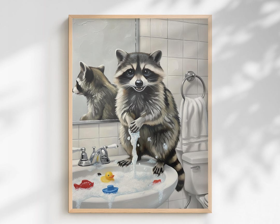 Playful Raccoon Bath Art Printable, Raccoon Wall Art, Funny Bathroom ...