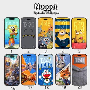 May include: A collection of smartphone cases with various cartoon and animated character designs. The cases feature characters like Spongebob, Minions, Doraemon, and characters from Zootopia. The text "Nugget Dynamic Wallpaper" is at the top.