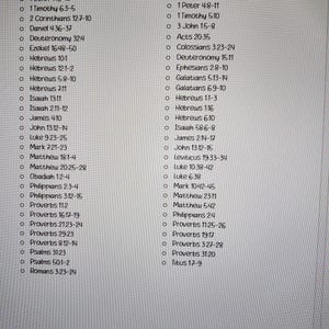 Peut inclure: Une page imprim&eacute;e avec le titre "SCRIPTURES BY TOPIC". Deux colonnes r&eacute;pertorient des versets bibliques sous "PRIDE" et "HOSPITALITY & SERVING OTHERS". Le chiffre "1" est en bas de la page.