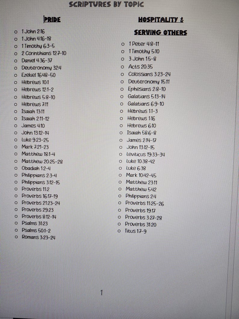 Peut inclure: Une page imprim&eacute;e avec le titre "SCRIPTURES BY TOPIC". Deux colonnes r&eacute;pertorient des versets bibliques sous "PRIDE" et "HOSPITALITY & SERVING OTHERS". Le chiffre "1" est en bas de la page.