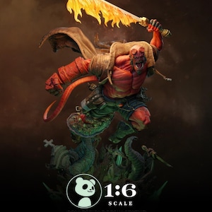 May include: A 1:6 scale collectible resin statue of a red demon figure, holding a flaming sword. The figure is in a dynamic pose, wearing a cape and shorts. The base features green tentacles and a panda logo.