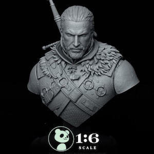 May include: A grey resin bust of a man with a serious expression, with a sword on his back. The statue is 1:6 scale and described as a collectible resin statue.
