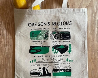 Oregon's Regions - Tote Bag - PNW, Crater Lake, Coast, Eastern Oregon, Farmers market, Groceries, books, Playful, Fun, Whimsical, Unique