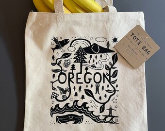 Magical Oregon - Tote Bag - PNW, Crater Lake, Coast, Eastern Oregon, Farmers market, Groceries, books, Playful, Fun, Whimsical, Unique