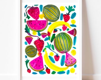 Fruity -  Art Print - 8x10" - Wall Art, gift, home decor, farm, tropical , colorful, children's room, baby, garden, fruit, watercolor