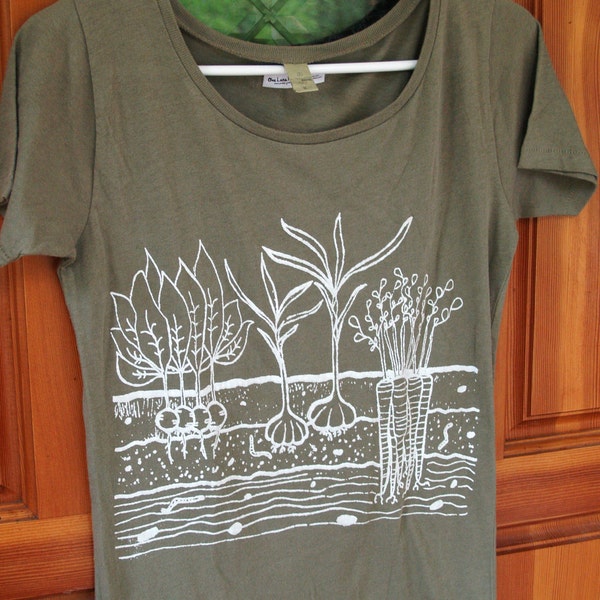 Organic Cotton - SMALL - Womens T-Shirt - Vegetable Garden - Earth Moss In Color