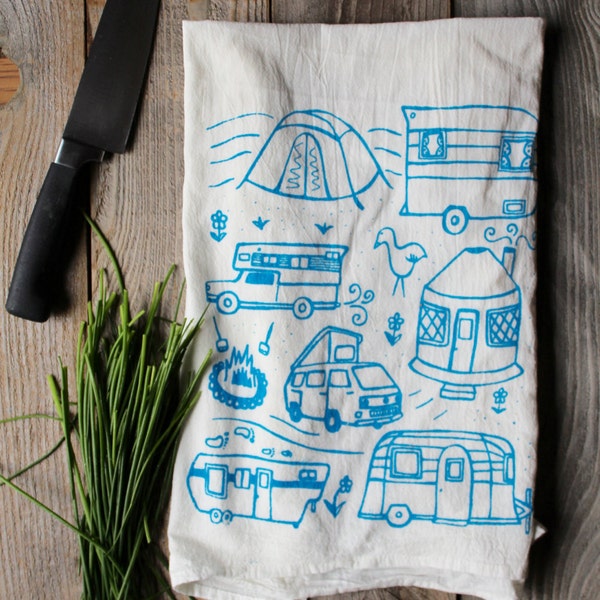 Flour Sack Tea Towel - Campground - Hand Printed Original illustration - camping, nature, adventure, trailer, camper, airstream, mountains